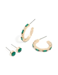Gold Green Diamante Stud & Hoop Earrings 2-Pack