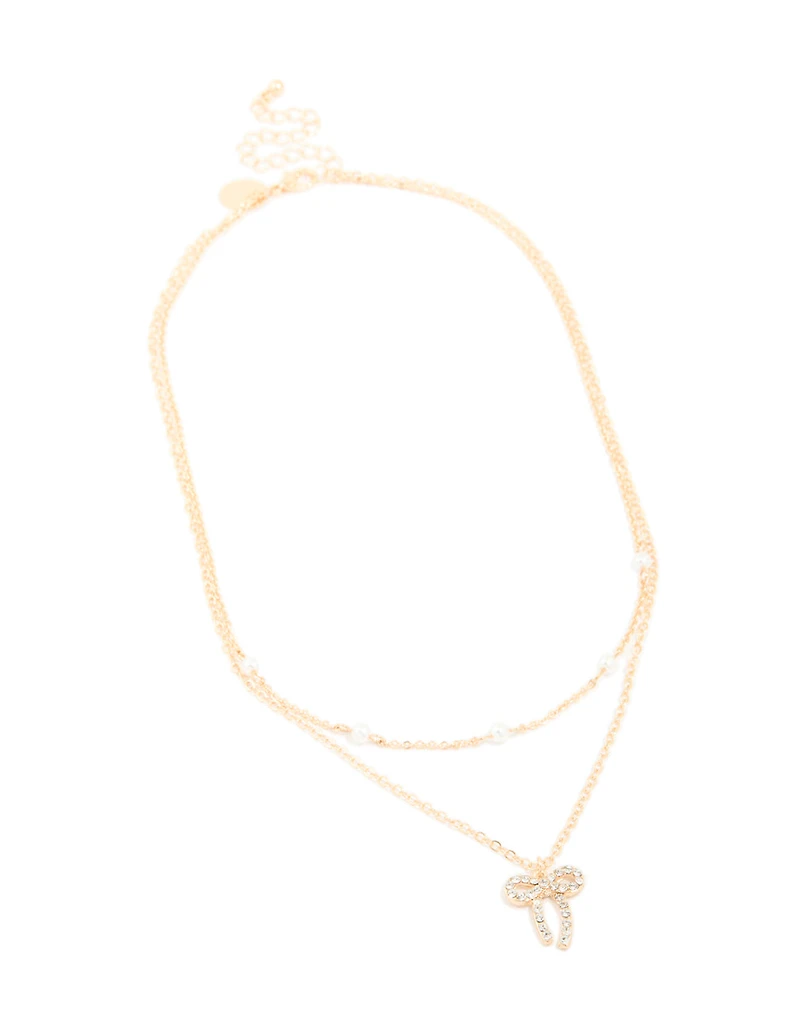 Gold Station Pearl & Diamante Bow Layered Necklace