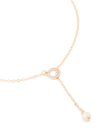 Gold Diamante Pearl Chain Y-Necklace
