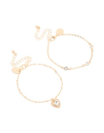 Gold Diamante Heart & Circle Charm Bracelets 2-Pack