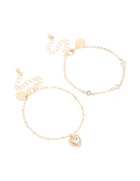 Gold Diamante Heart & Circle Charm Bracelets 2-Pack