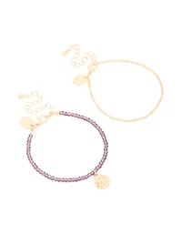 Gold Purple Beaded & Layered Chain Bracelets 2-Pack