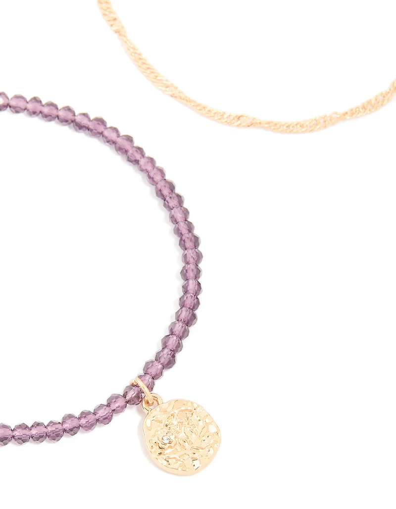Gold Purple Beaded & Layered Chain Bracelets 2-Pack