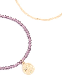 Gold Purple Beaded & Layered Chain Bracelets 2-Pack
