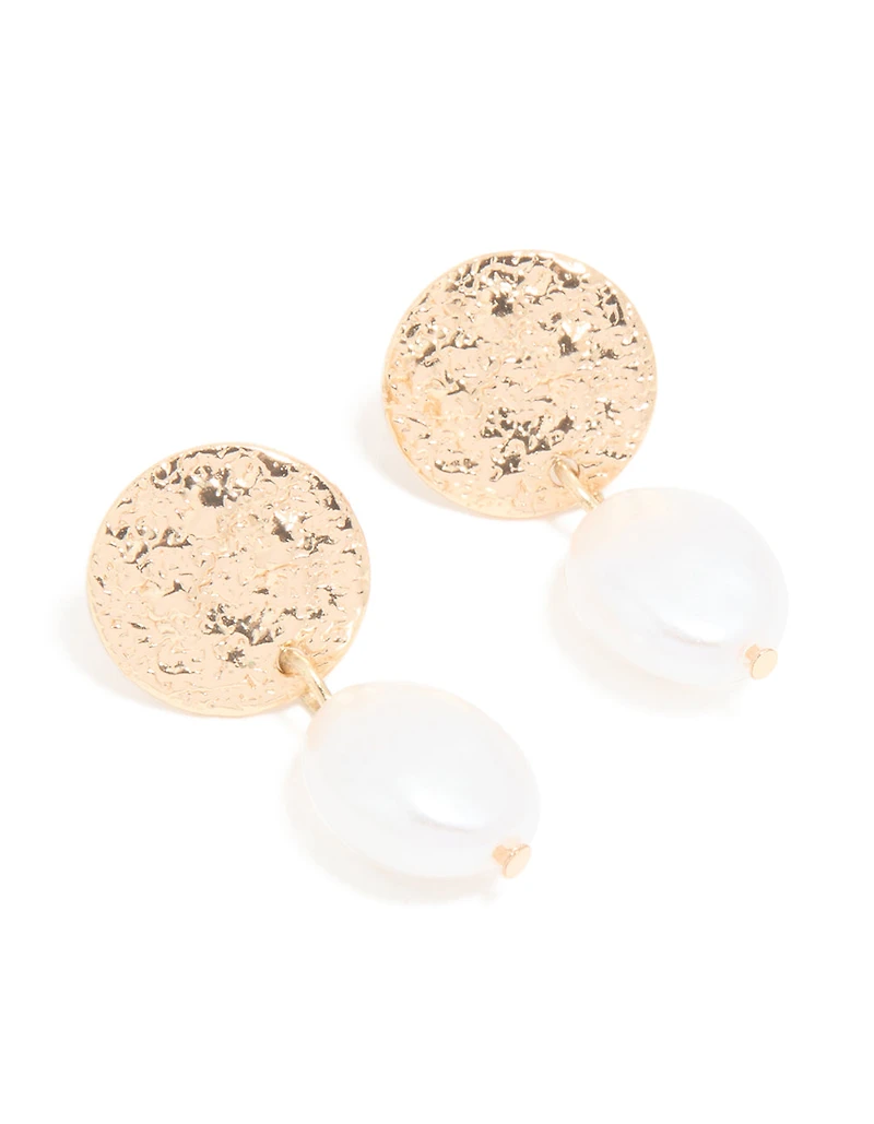 Gold Pearl Hammered Diac Drop Stud Earrings