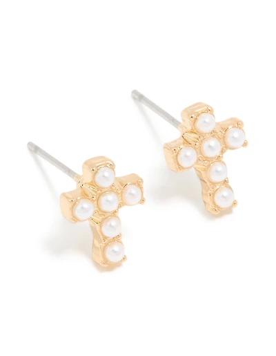 Gold Pearl Inlay Cross Stud Earrings