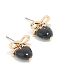 Gold Black Bubble Heart & Bow Drop Earrings