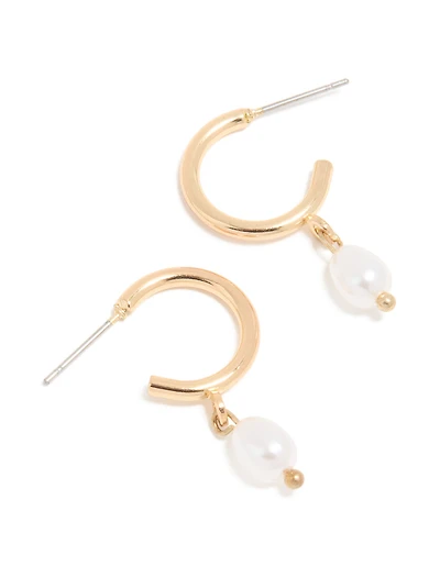 Gold Pearl Drop Huggie Earrings