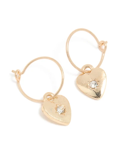 Gold Diamante Heart Huggie Drop Earrings