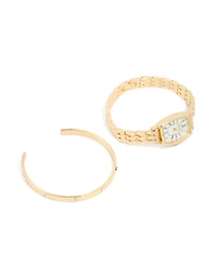 Gold Diamante Roman Numeral Watch & Wrist Cuff Set
