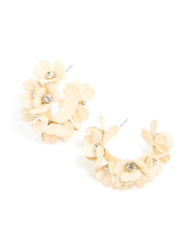 Cream Coated Metal Multi-Flower Hoop Earrings