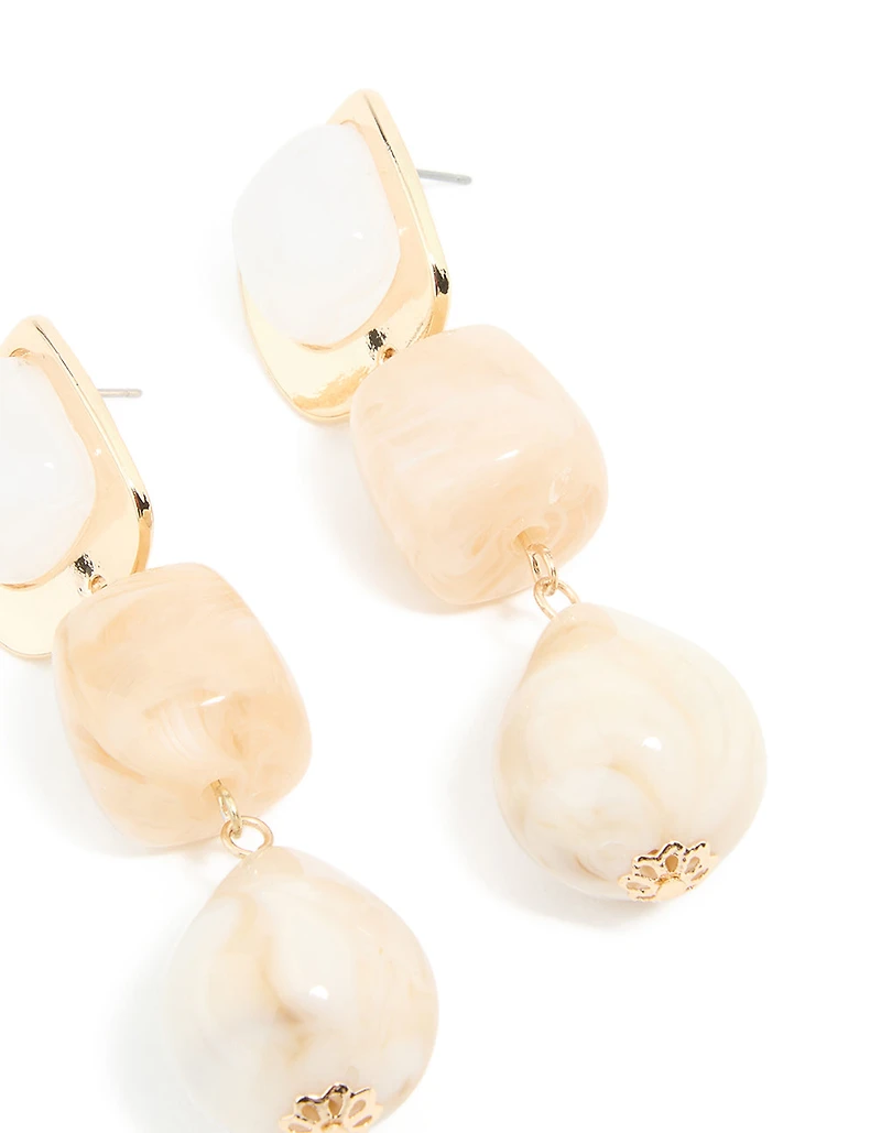 Gold Pink & White Beaded Square Drop Earrings