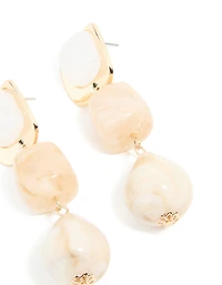 Gold Pink & White Beaded Square Drop Earrings