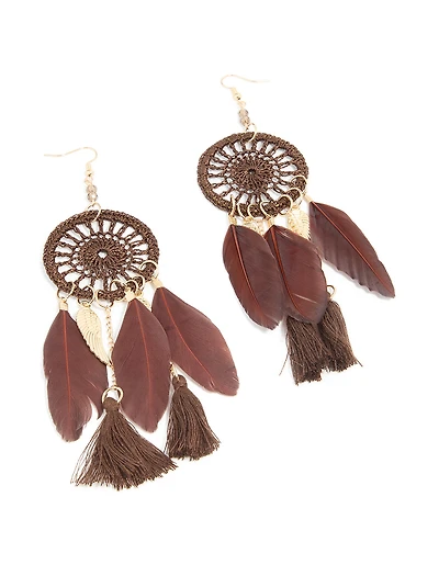 Gold Burgundy Feather & Brown Fabric Dreamcatcher Drop Earrings