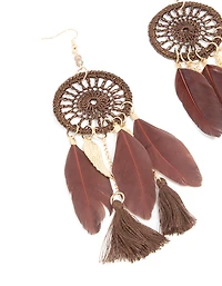 Gold Burgundy Feather & Brown Fabric Dreamcatcher Drop Earrings