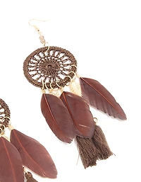 Gold Burgundy Feather & Brown Fabric Dreamcatcher Drop Earrings