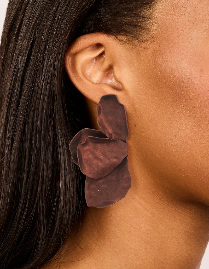 Brown Coated Metal Flower Petal Drop Earrings