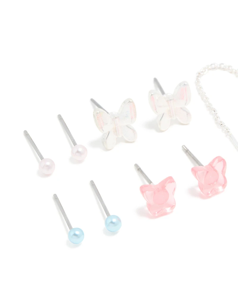 Silver Diamante & Butterfly Stud aEarrings 8-Pack