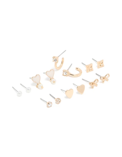 Gold Pearl & Heart Stud Earrings 7-Pack