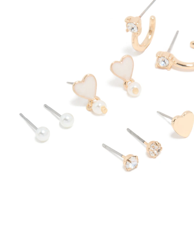 Gold Pearl & Heart Stud Earrings 7-Pack