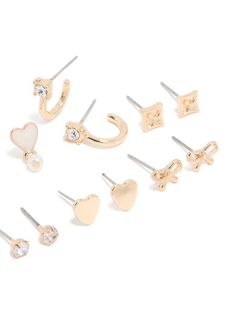 Gold Pearl & Heart Stud Earrings 7-Pack