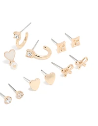 Gold Pearl & Heart Stud Earrings 7-Pack