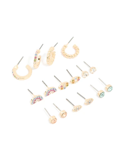 Boucles d’oreilles dorées Rainbow Diamante Stud & Hoop pack de 8