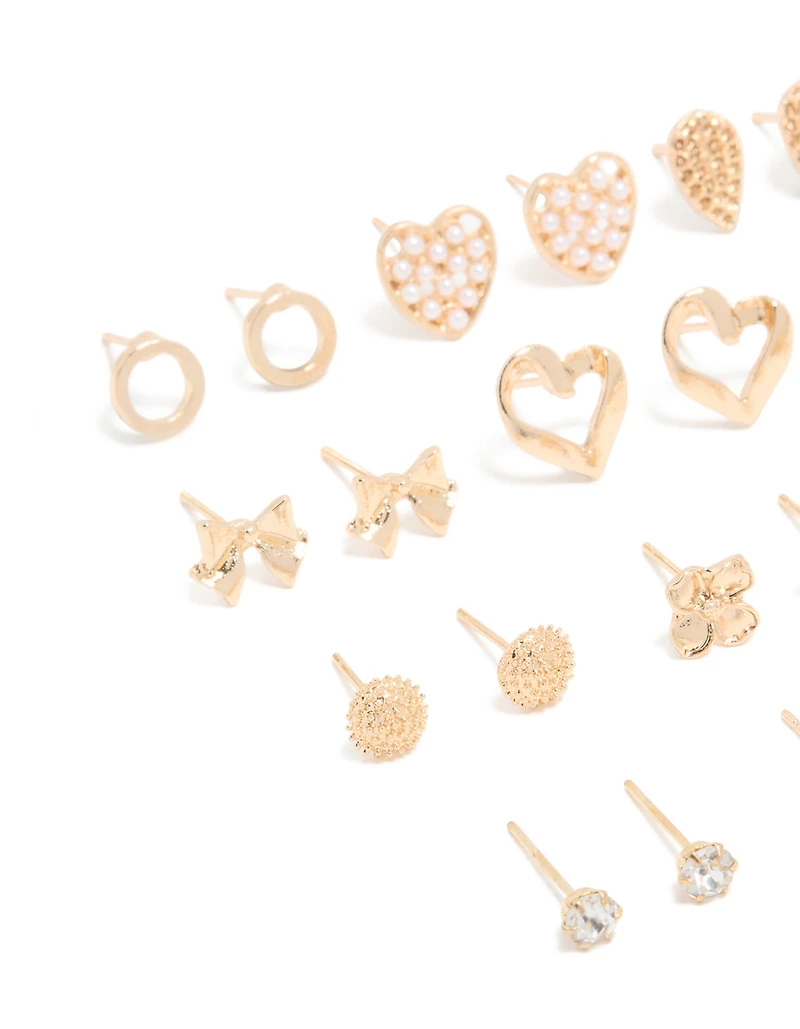 Gold Pearl Heart & Bow Earrings 12-Pack