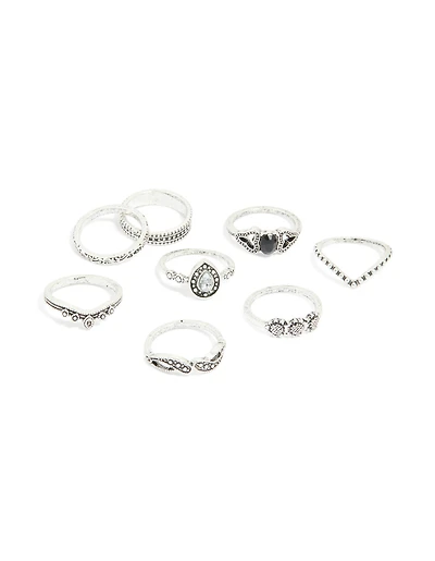 Antique Silver Diamante Signet Rings 8-Pack