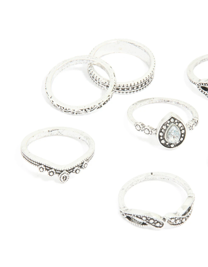 Antique Silver Diamante Signet Rings 8-Pack