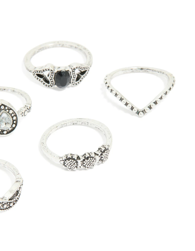 Antique Silver Diamante Signet Rings 8-Pack