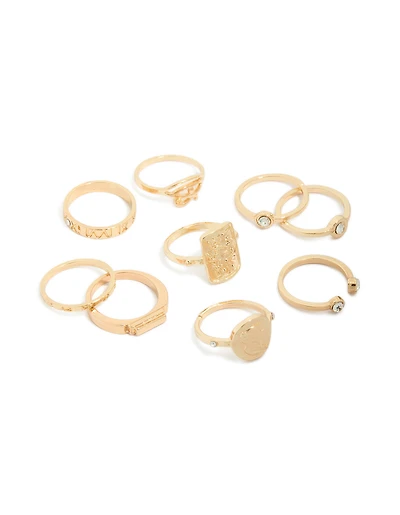 Gold Diamante Roman Numeral Rings 9-Pack