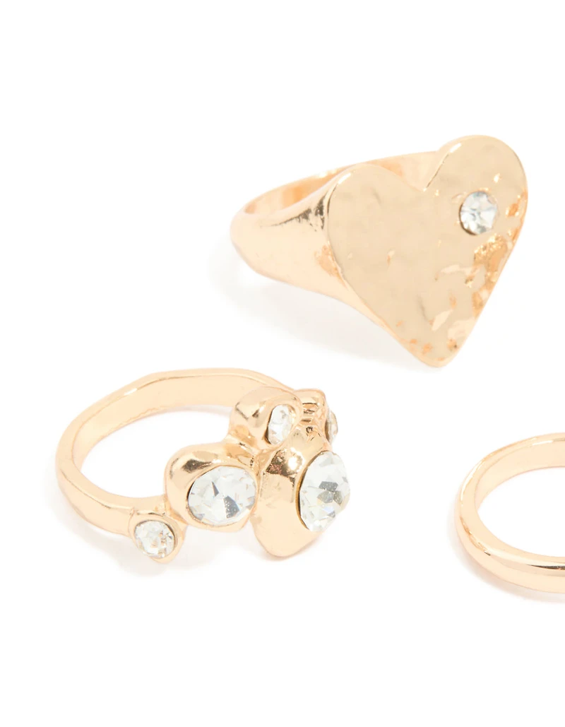 Gold Diamante Hammered Heart Mixed Rings 4-Pack