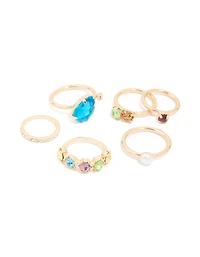 Gold Multicoloured Diamante & Pearl Rings 6-Pack