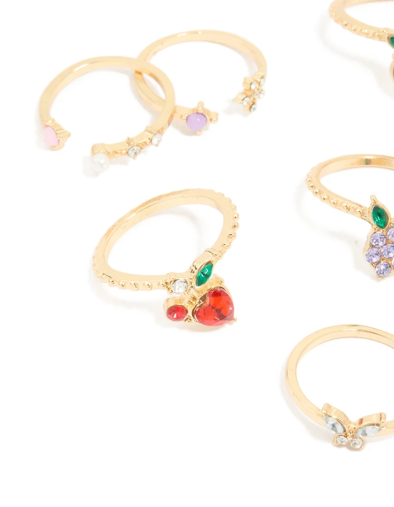 Gold Diamante Mixed Fruit Rings 8-Pack