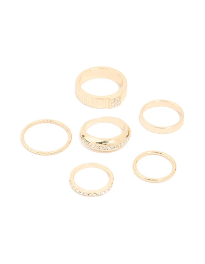 Gold Diamante Chic & Ribbed Rings 6-Pack