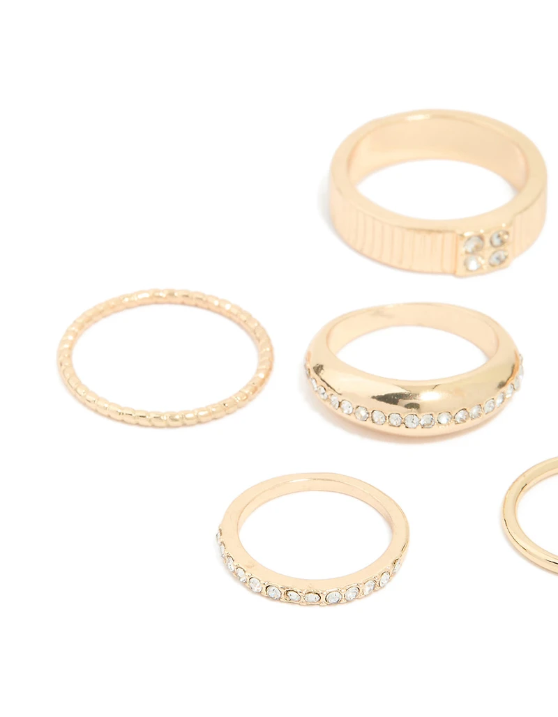 Gold Diamante Chic & Ribbed Rings 6-Pack
