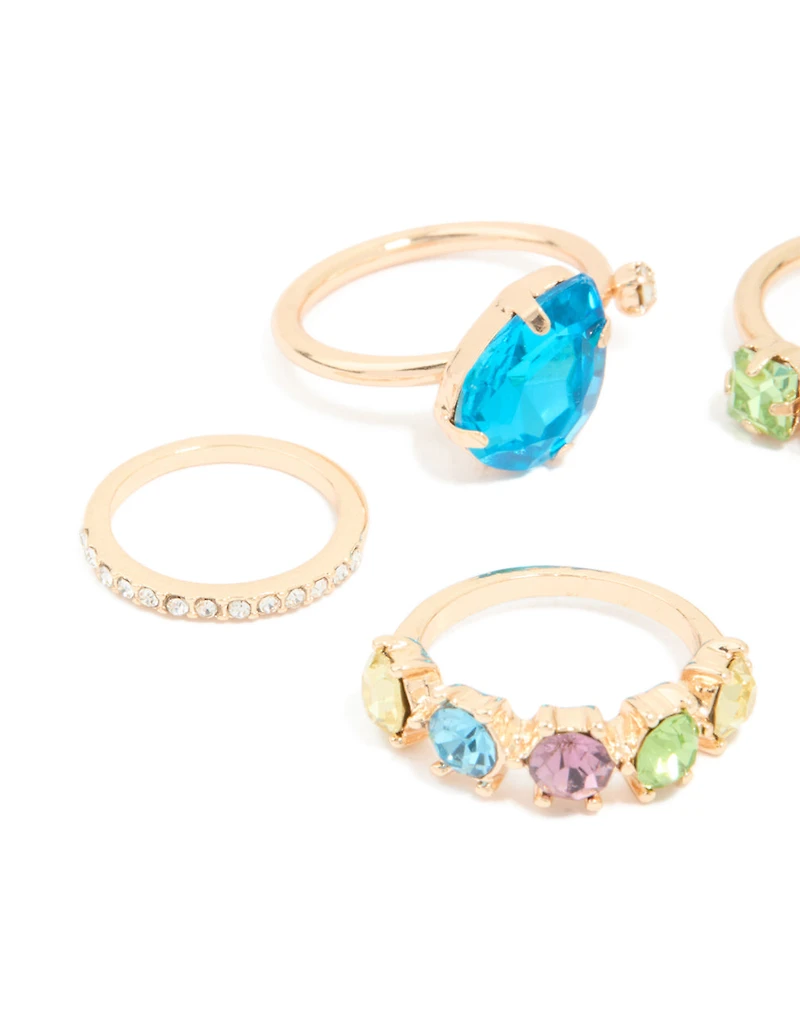 Gold Multicoloured Diamante & Pearl Rings 6-Pack