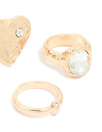 Gold Diamante Hammered Heart Mixed Rings 4-Pack