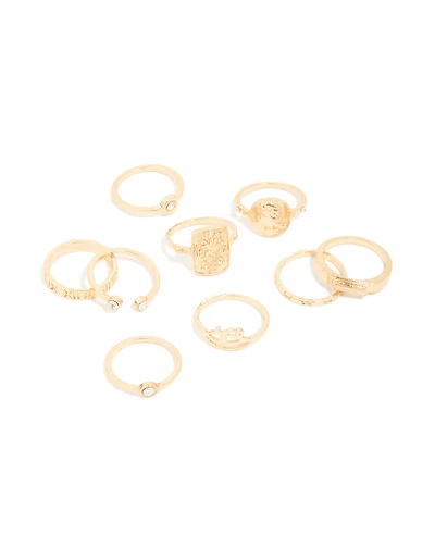 Gold Diamante Roman Numeral Rings 9-Pack
