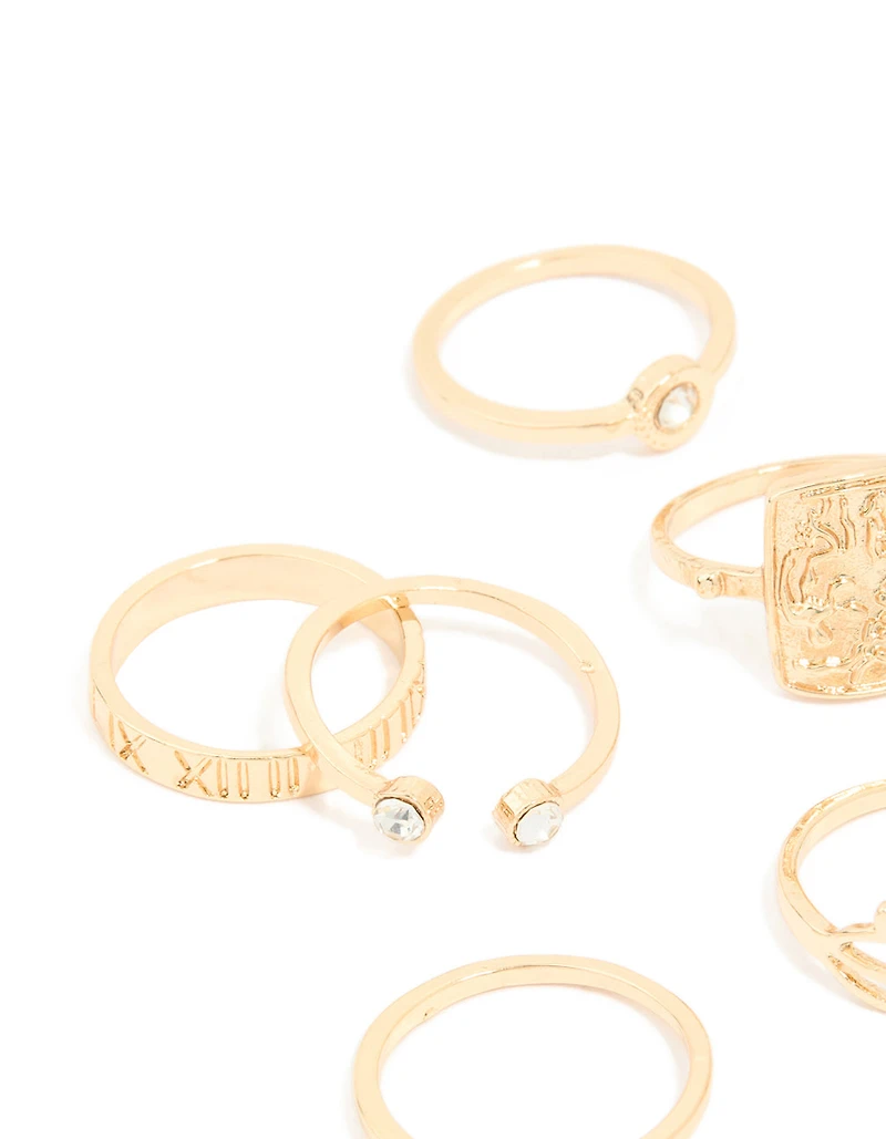 Gold Diamante Roman Numeral Rings 9-Pack