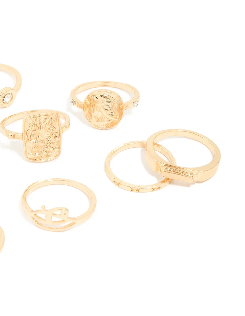Gold Diamante Roman Numeral Rings 9-Pack