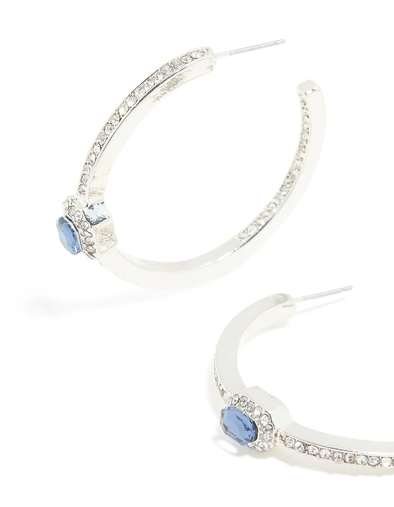 Silver Blue Diamante Hoop Earrings