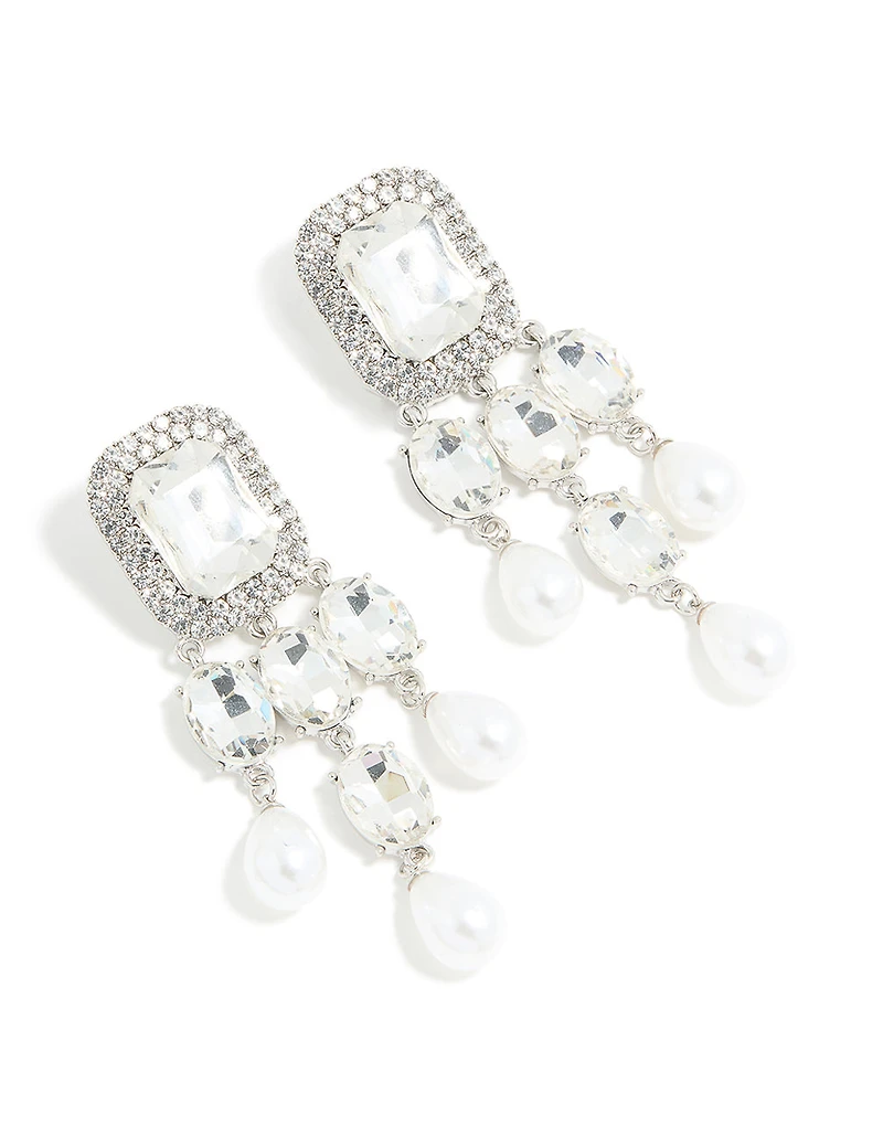 Silver Diamante Pearl Bling Drop Earrings