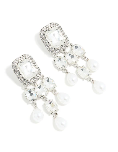 Silver Diamante Pearl Bling Drop Earrings