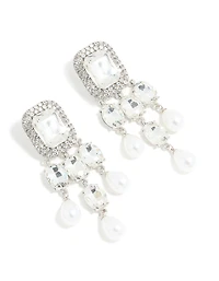 Silver Diamante Pearl Bling Drop Earrings