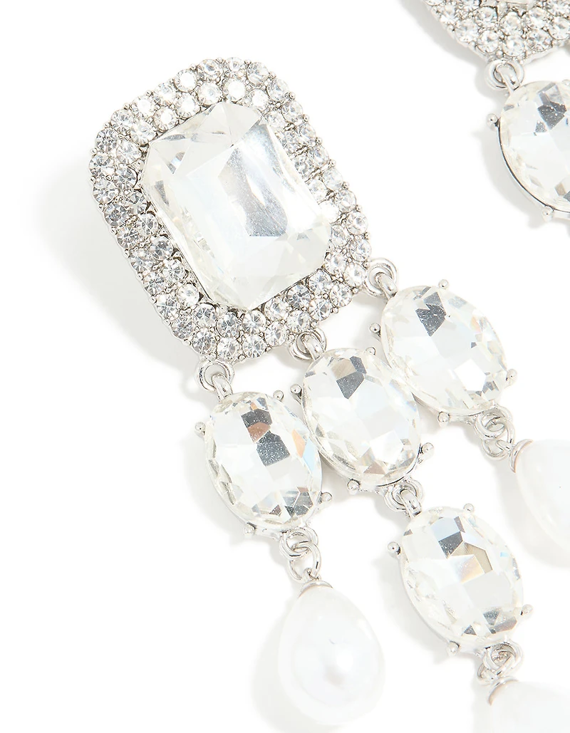 Silver Diamante Pearl Bling Drop Earrings