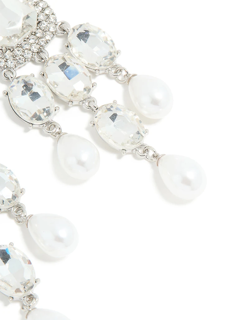 Silver Diamante Pearl Bling Drop Earrings
