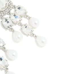 Silver Diamante Pearl Bling Drop Earrings