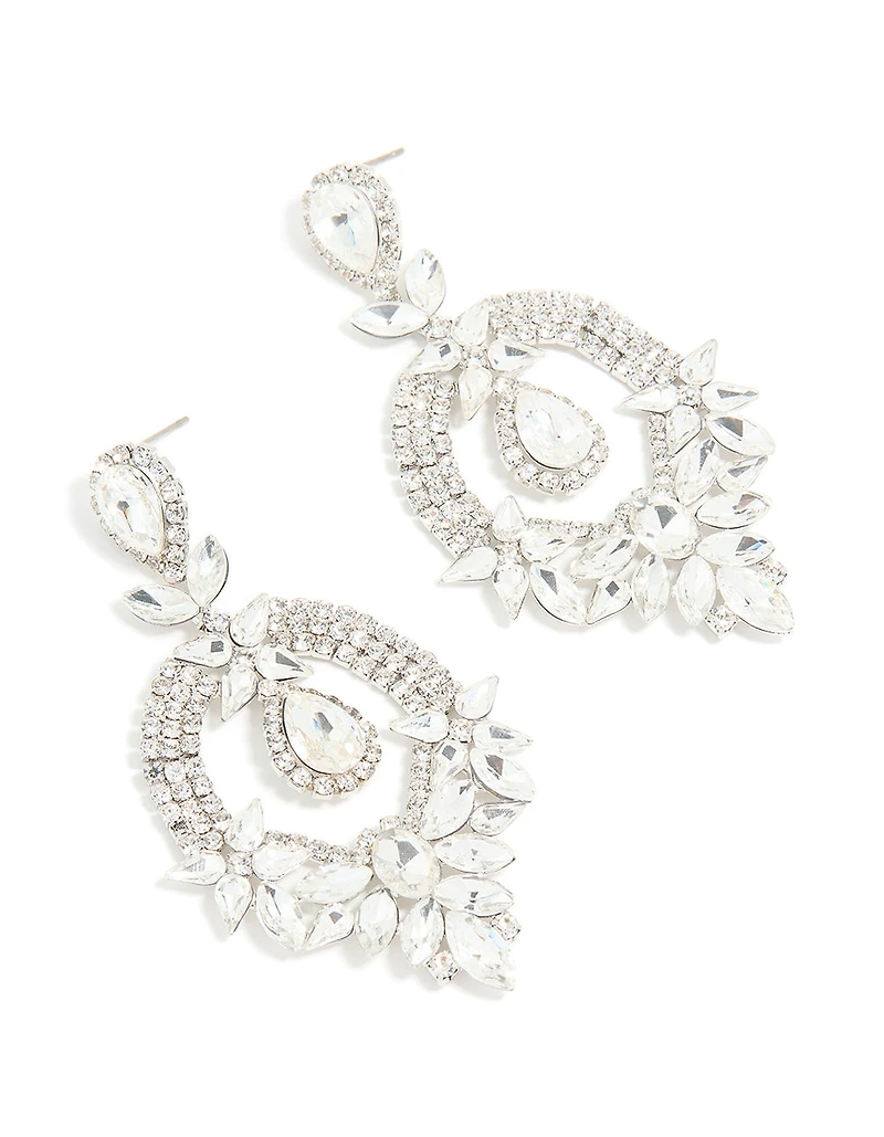 Silver Diamante Fancy Floral Drop Earrings